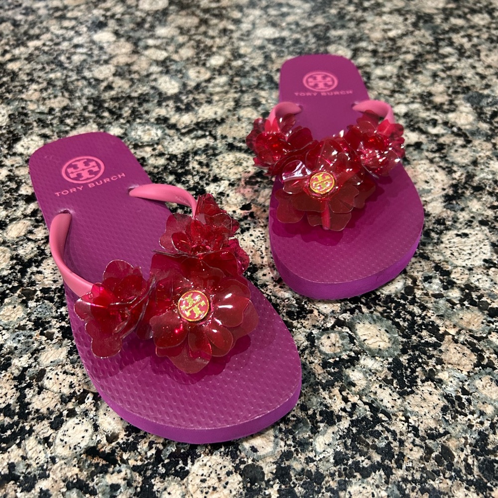 Tory Burch Purple Flip Flops with Red Floral Accents